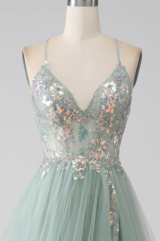 Sweet Green A-Line Tulle Strapless Sequined Long Prom Dresses for Birthday Backless Evening Gowns ED01826