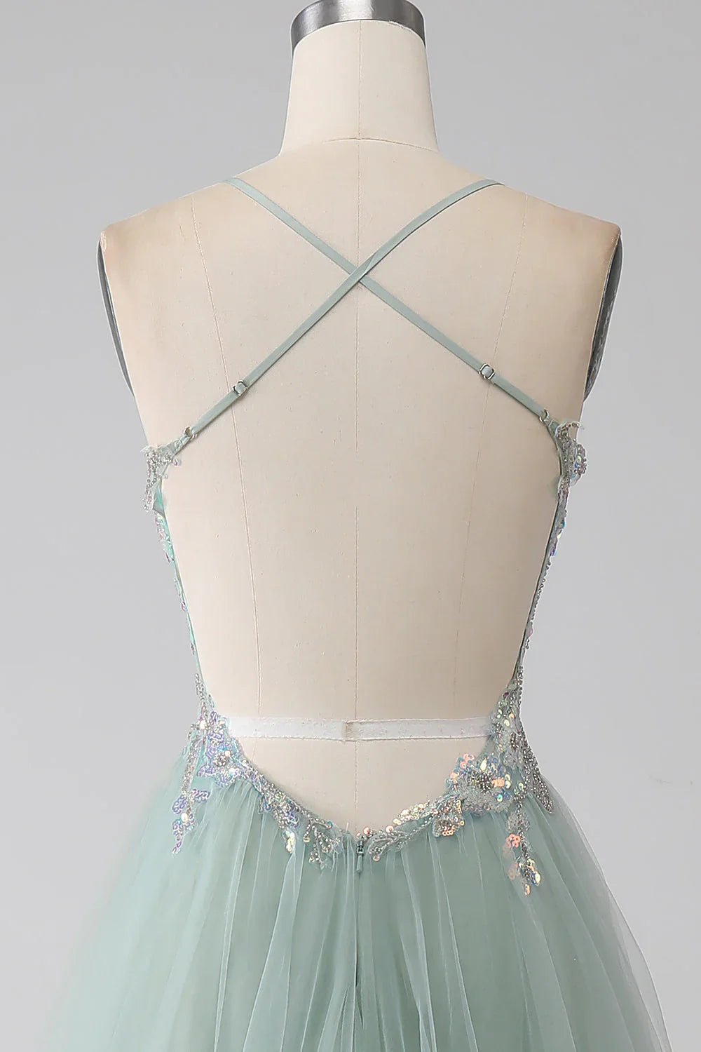 Sweet Green A-Line Tulle Strapless Sequined Long Prom Dresses for Birthday Backless Evening Gowns ED01826