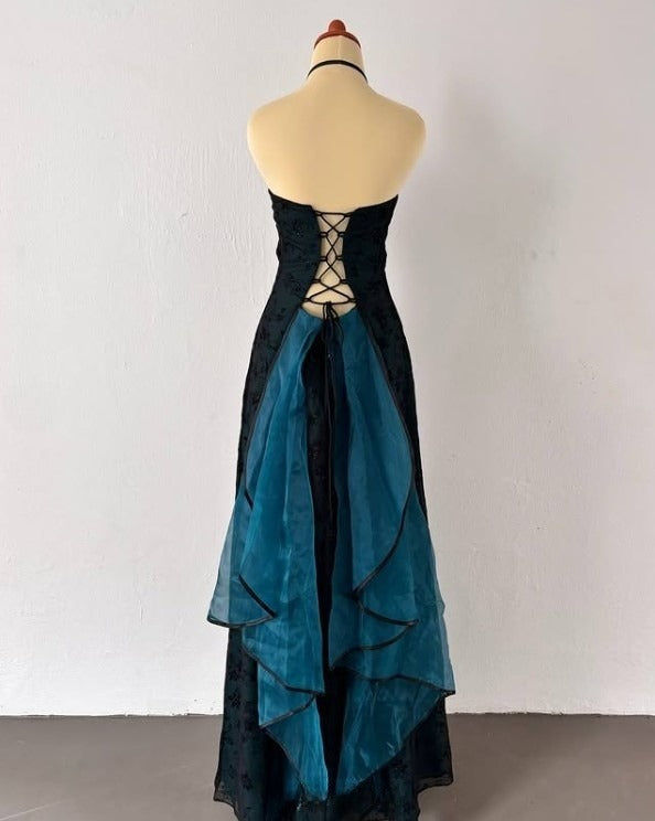 Strapless Teal Satin Sleeveless Black Tulle Beaded Ball Dress Birthday Evening Dress HZ1024