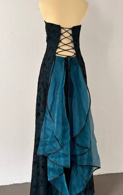 Vintage Strapless Teal Satin Sleeveless Black Tulle Beaded Ball Dress Birthday Evening Dress ED01828