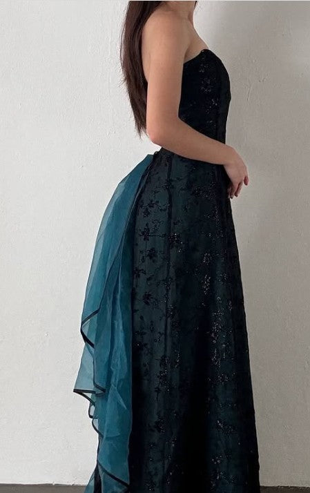 Vintage Strapless Teal Satin Sleeveless Black Tulle Beaded Ball Dress Birthday Evening Dress ED01828