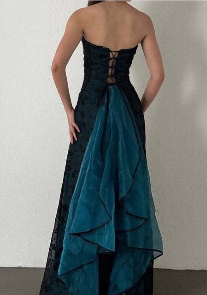 Vintage Strapless Teal Satin Sleeveless Black Tulle Beaded Ball Dress Birthday Evening Dress ED01828