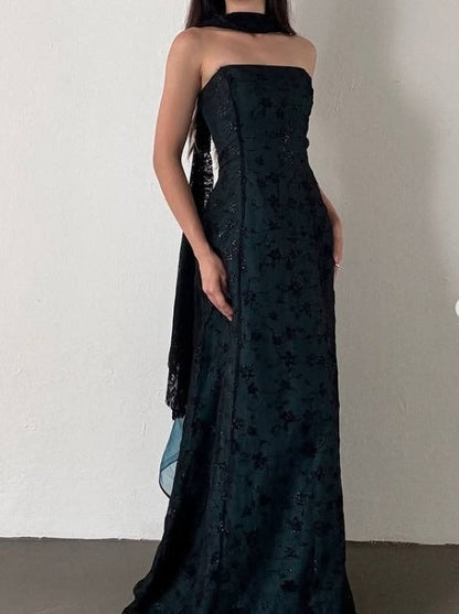 Vintage Strapless Teal Satin Sleeveless Black Tulle Beaded Ball Dress Birthday Evening Dress ED01828