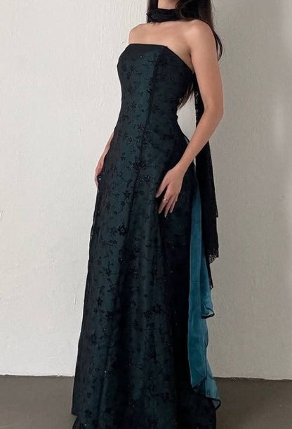 Vintage Strapless Teal Satin Sleeveless Black Tulle Beaded Ball Dress Birthday Evening Dress ED01828