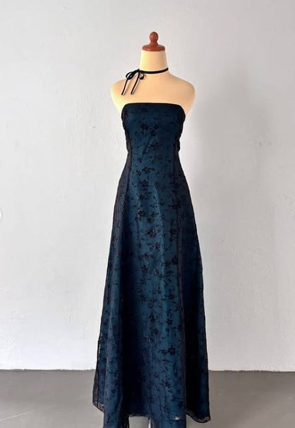 Vintage Strapless Teal Satin Sleeveless Black Tulle Beaded Ball Dress Birthday Evening Dress ED01828