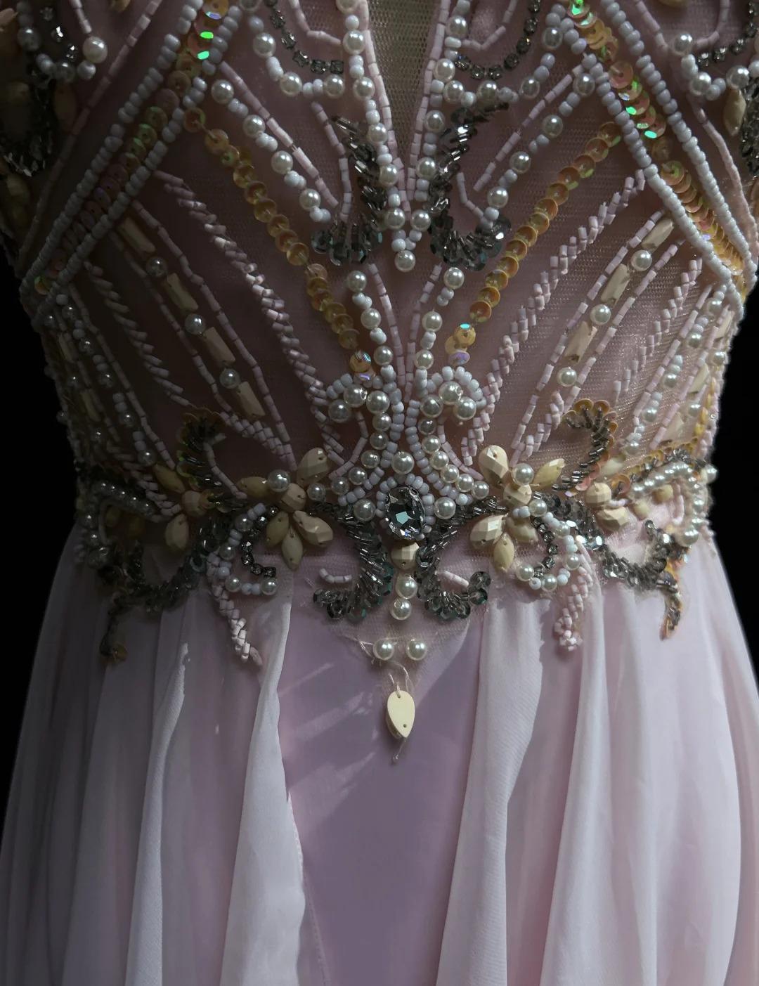 Pink A-Line Tulle High Neck Chiffon Long Beaded Backless Prom Dress Retro Wedding Birthday Dress HZ1024