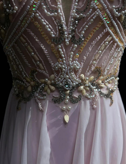 Pink A-Line Tulle High Neck Chiffon Long Beaded Backless Prom Dress Retro Wedding Birthday Dress HZ1024