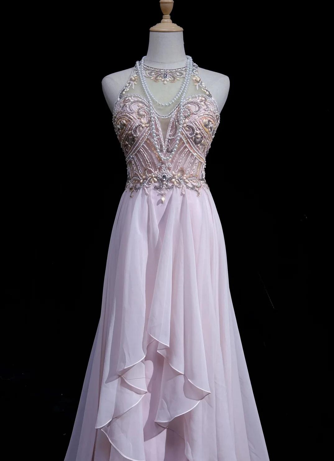 Pink A-Line Tulle High Neck Chiffon Long Beaded Backless Prom Dress Retro Wedding Birthday Dress HZ1024