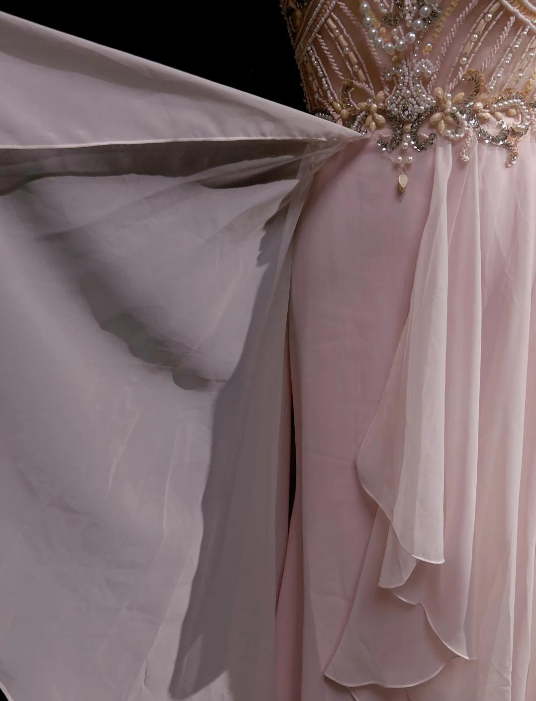 Pink A-Line Tulle High Neck Chiffon Long Beaded Backless Prom Dress Retro Wedding Birthday Dress HZ1024