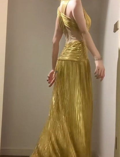 Temperament Golden V-neck Long Prom Dress Birthday Party Dress ED01830
