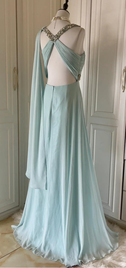 Tiffany Blue Chiffon V-neck Beaded Sequin A-Line Long Prom Dress Wedding Evening Dress HZ1024