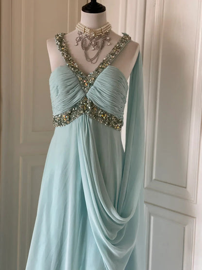 Tiffany Blue Chiffon V-neck Beaded Sequin A-Line Long Prom Dress Wedding Evening Dress HZ1024