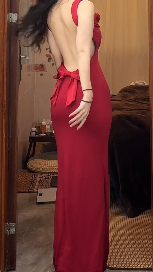 Spaghetti Strap Satin Backless Long Bodycon Dress Ball Evening Dress HZ1024
