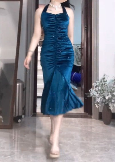 Blue Pleated Mermaid Satin Open Back Prom Dress Birthday Dress HZ1024