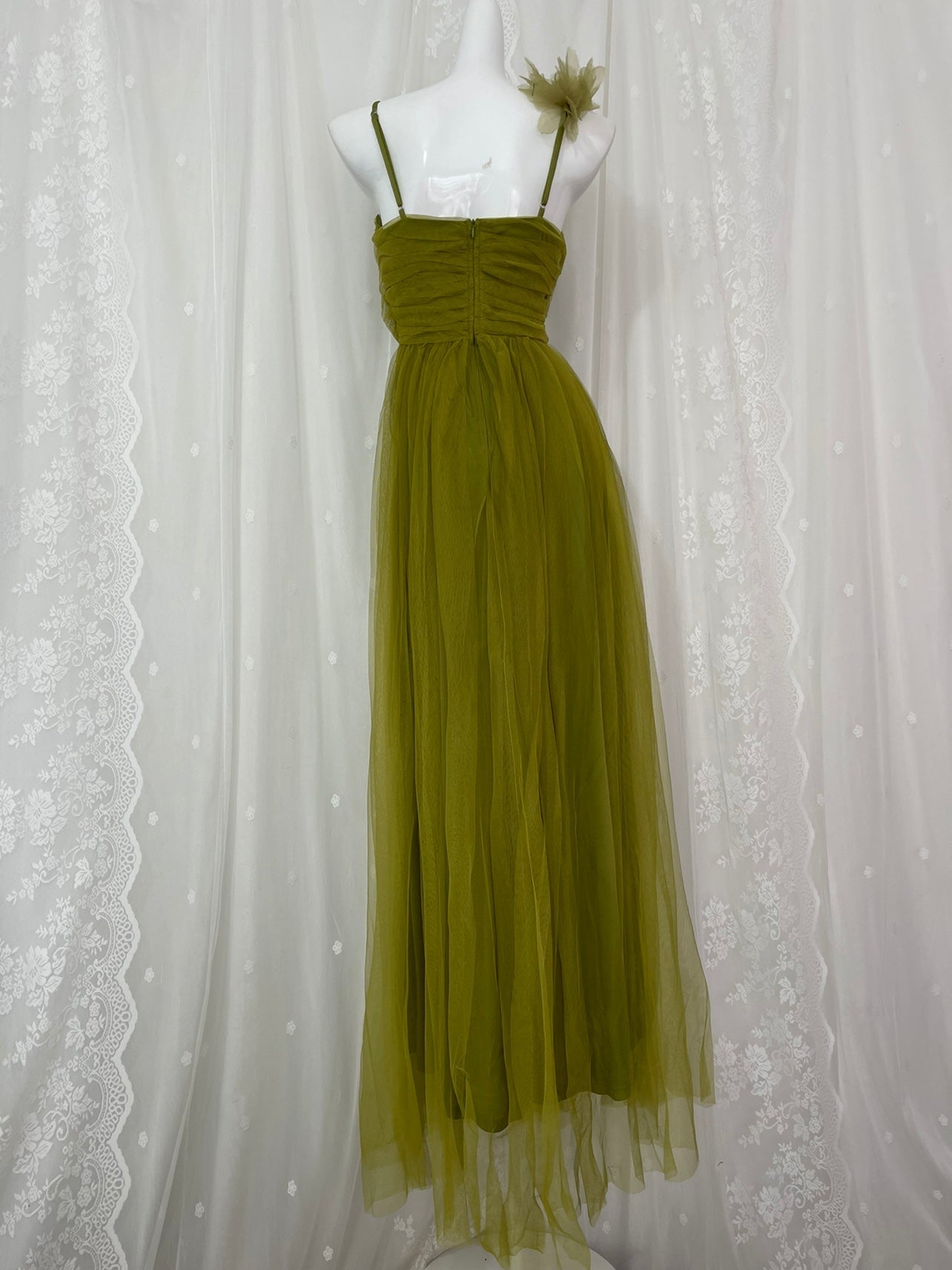 Olive Green Spaghetti Strap Tulle Long Prom Dress Sweet Birthday Evening Dress HZ1024