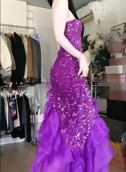 Purple  Mermaid Sequined Strapless Tulle Evening DressED01835