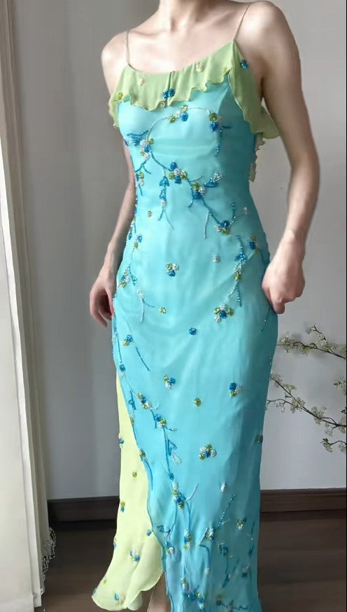 Spaghetti Strap Chiffon Sheath Ruffle Beaded Blue and Green Spliced Ball Dress Party Birthday Dress HZ1024