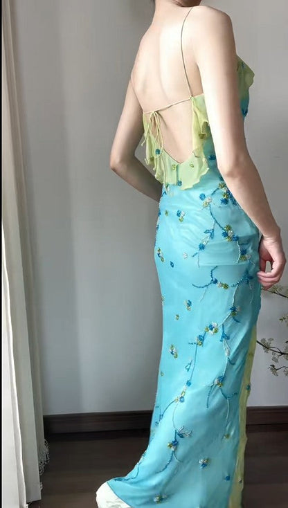 Vintage Spaghetti Strap Chiffon Sheath Ruffle Beaded Blue and Green Spliced Ball Dress Party Birthday Dress ED01838