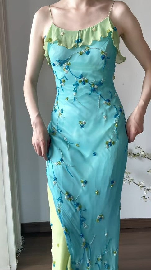 Spaghetti Strap Chiffon Sheath Ruffle Beaded Blue and Green Spliced Ball Dress Party Birthday Dress HZ1024