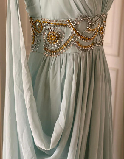 Tiffany Blue V-neck A-Line Beaded Chiffon Long Prom Dress Evening Dress Wedding Dress HZ1024