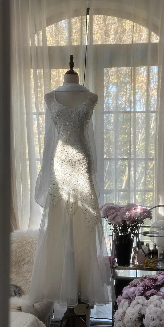 Fairy White Spaghetti Strap Mermaid Tulle Sequined Ball Dress Birthday Dress ED01840