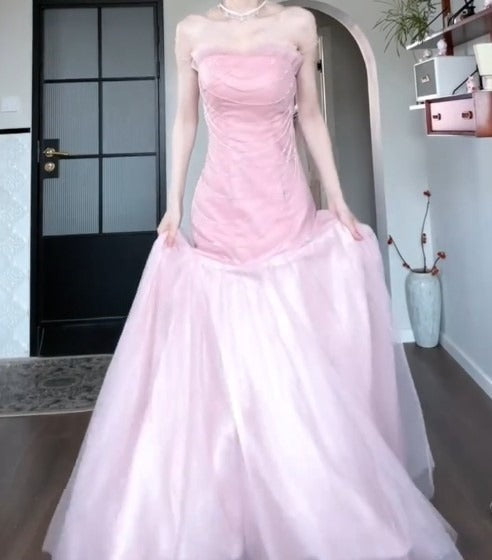 Pink Strapless A-Line Tulle Sequined Long Ball Dress Birthday Evening Dress HZ1024