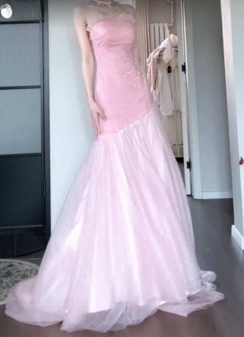 Pink Strapless A-Line Tulle Sequined Long Ball Dress Birthday Evening Dress HZ1024