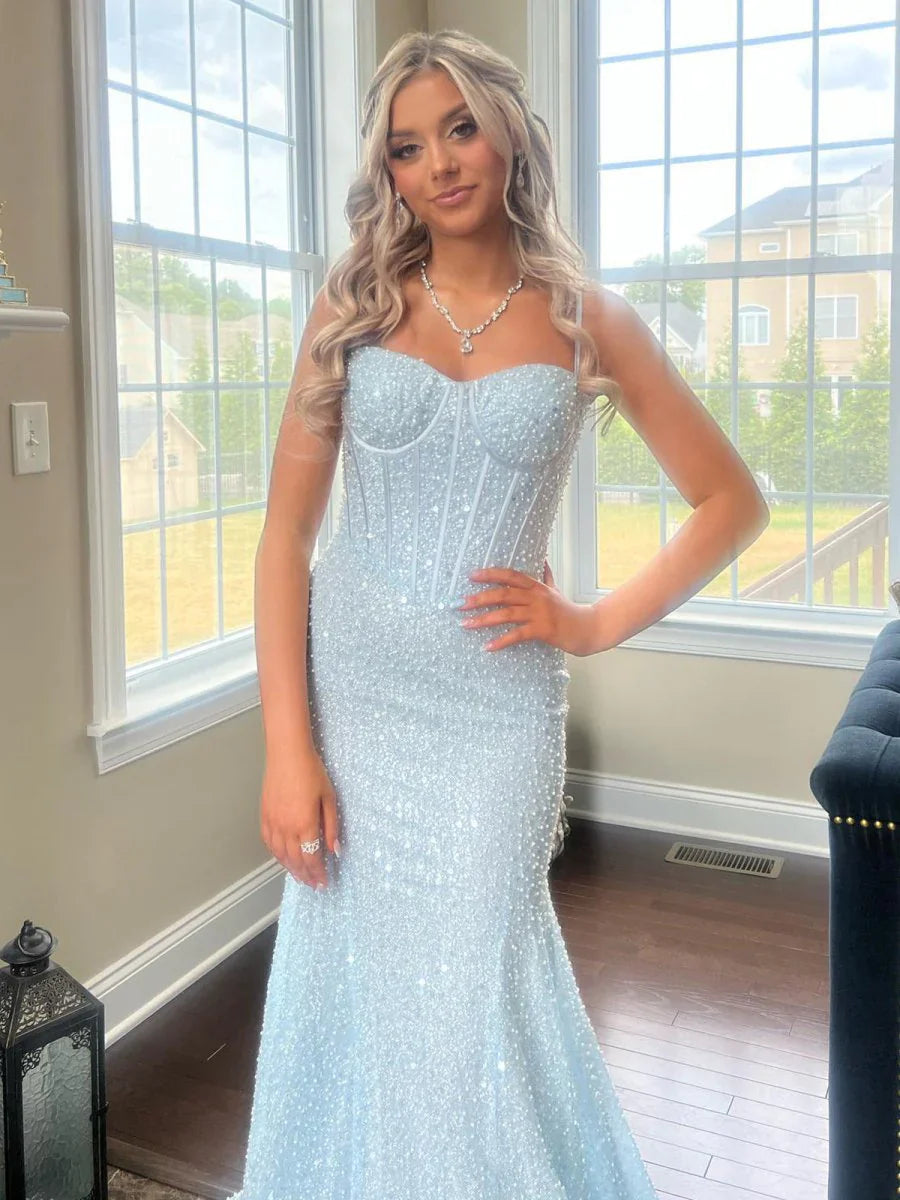 Sweetheart Spaghetti Straps Long Mermaid Sequins Party Prom Dress  ED01846