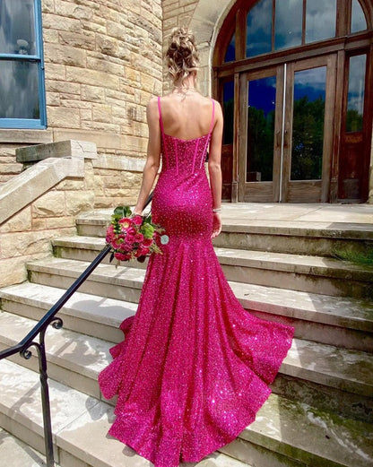 Sweetheart Spaghetti Straps Long Mermaid Sequins Party Prom Dress  ED01846