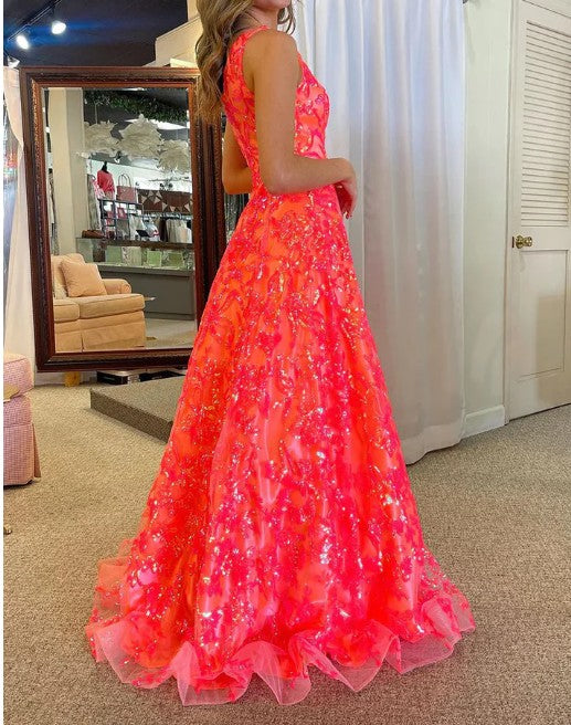 A-Line One Shoulder Sequin Lace Long Prom Dresses Floor Length Sparkly Evening Dress HZ1024