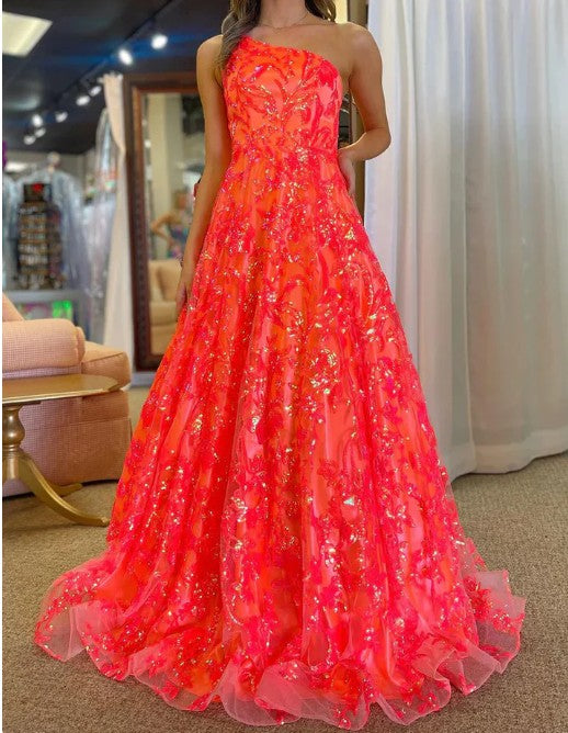 Unique  A-Line One Shoulder Sequin Lace Long Prom Dresses Floor Length Sparkly Evening Dress ED01848