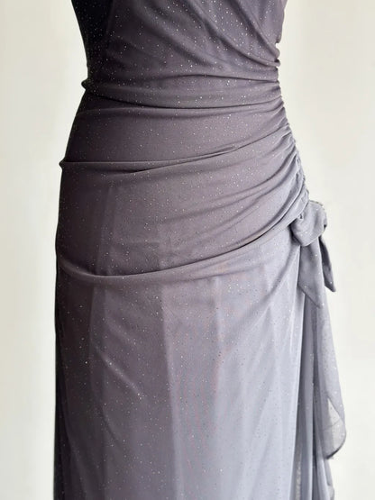 Gradient Dark Gray Halter Neck Ruffle Sheath Prom Dress Birthday Dress HZ1024