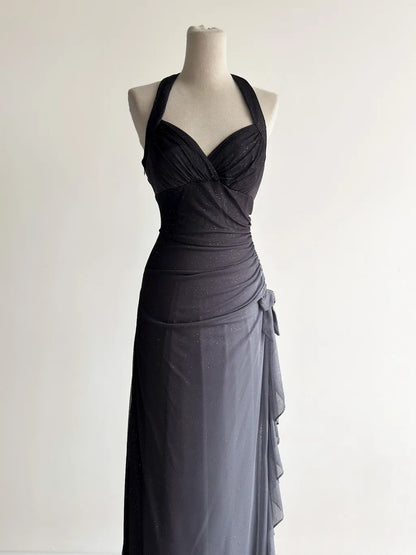 Gradient Dark Gray Halter Neck Ruffle Sheath Prom Dress Birthday Dress HZ1024