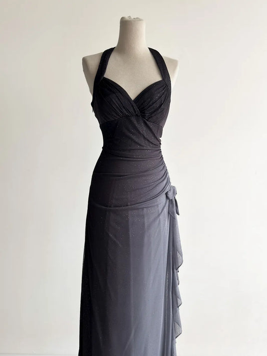 Gradient Dark Gray Halter Neck Ruffle Sheath Prom Dress Birthday Dress HZ1024
