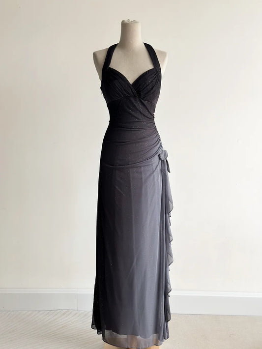 Gradient Dark Gray Halter Neck Ruffle Sheath Prom Dress Birthday Dress HZ1024