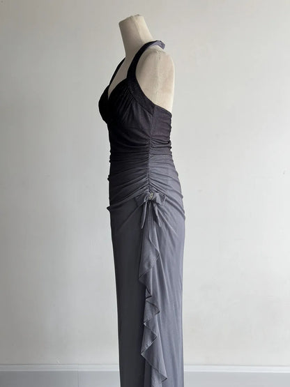 Gradient Dark Gray Halter Neck Ruffle Sheath Prom Dress Birthday Dress HZ1024