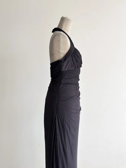 Gradient Dark Gray Halter Neck Ruffle Sheath Prom Dress Birthday Dress HZ1024