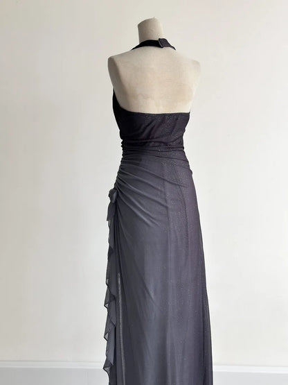 Gradient Dark Gray Halter Neck Ruffle Sheath Prom Dress Birthday Dress HZ1024