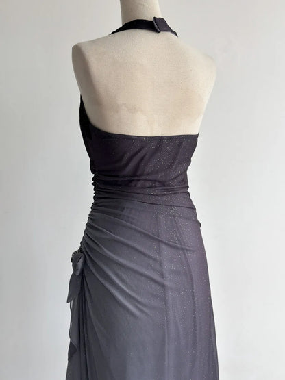 Gradient Dark Gray Halter Neck Ruffle Sheath Prom Dress Birthday Dress HZ1024