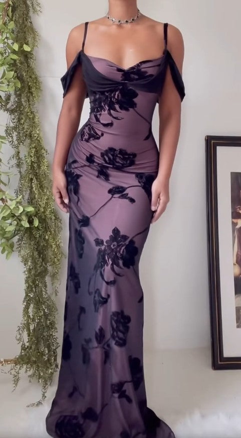 Purple Satin Bodycon Dress Black Tulle Spaghetti Strap Ball Dress Birthday Dress HZ1024