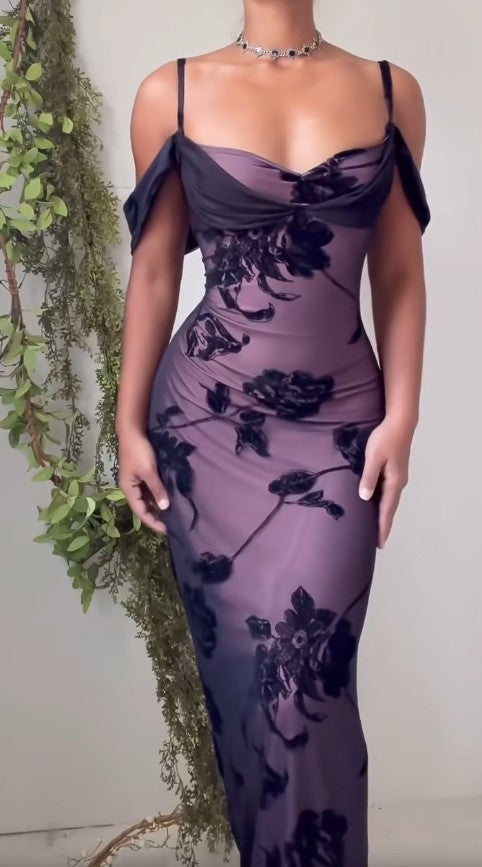 Purple Satin Bodycon Dress Black Tulle Spaghetti Strap Ball Dress Birthday Dress HZ1024