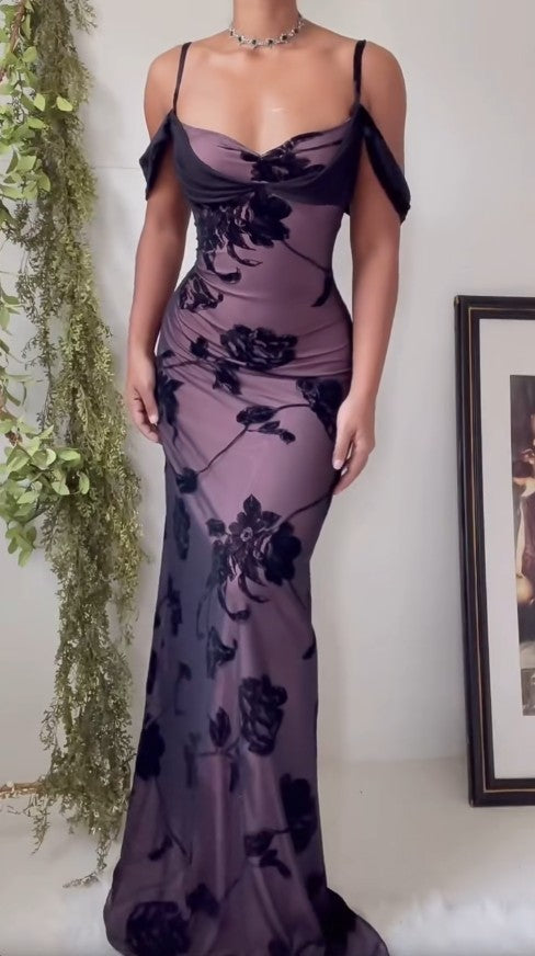 Purple Satin Bodycon Dress Black Tulle Spaghetti Strap Ball Dress Birthday Dress HZ1024
