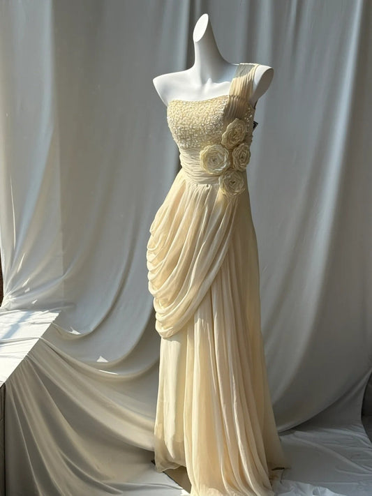 Stunning One Shoulder Beaded Sequin Chiffon Long Prom Dress Formal Evening Dress Simple Bridesmaid Dress ED01857