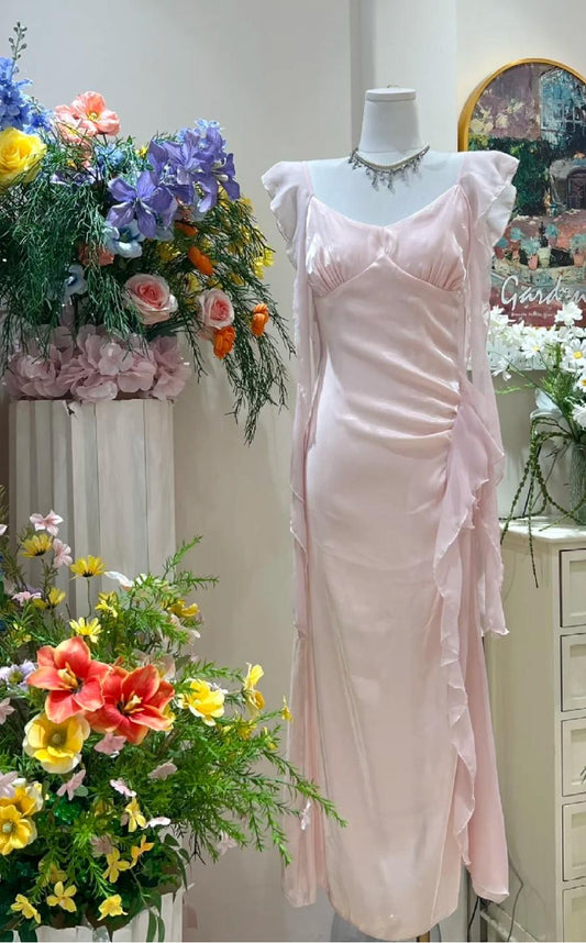 Pink Ruffled Bodycon Dress Chiffon V-Neck Ball Dress Birthday Dress HZ1024