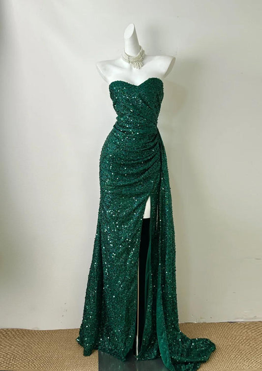 Dark Green Sweetheart Neck Mermaid Long Prom Dress Sequin Strapless Formal Evening Dress HZ1024
