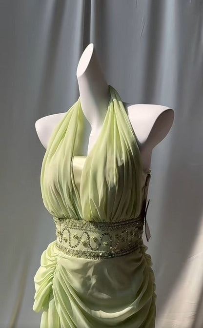 Light Green V-neck Chiffon Beaded Sequins Floor-length Prom Dress Beautiful Birthday Evening Dress HZ1024