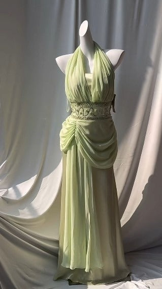 Light Green V-neck Chiffon Beaded Sequins Floor-length Prom Dress Beautiful Birthday Evening Dress HZ1024