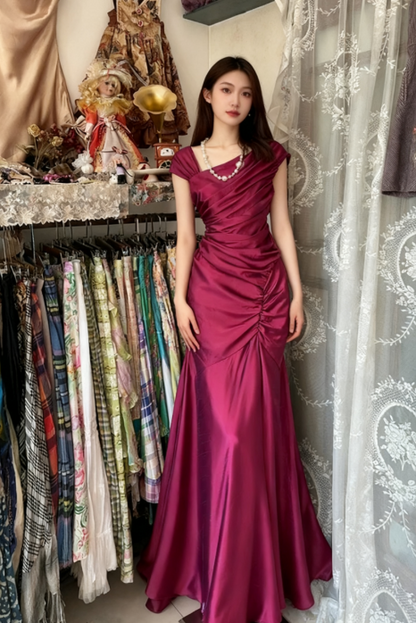 Gorgeous Dark Pink Mermaid Pleated Satin Irregular Neckline Ball Dress Birthday Dress ED01862