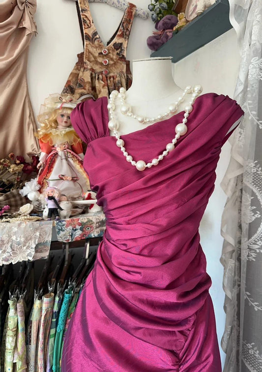 Dark Pink Mermaid Pleated Satin Irregular Neckline Ball Dress Birthday Dress HZ1024