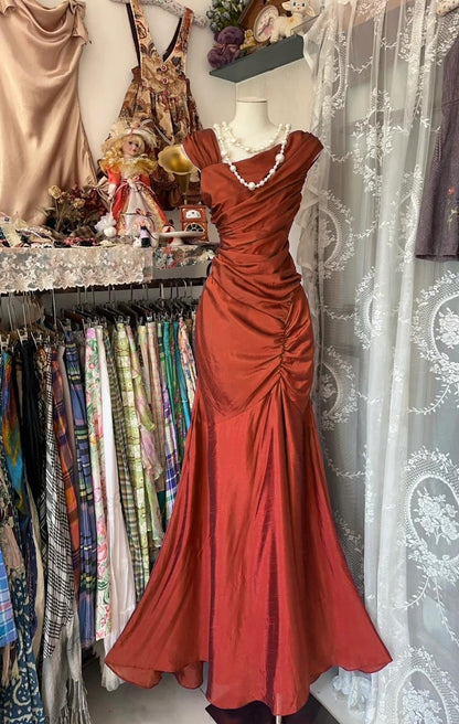 Gorgeous Dark Pink Mermaid Pleated Satin Irregular Neckline Ball Dress Birthday Dress ED01862